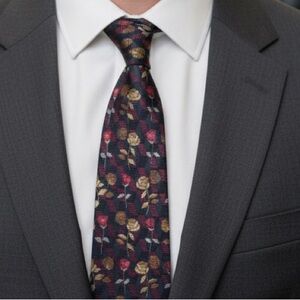 Floral Geometric Silk Tie - Black, Red, Gold , Italy